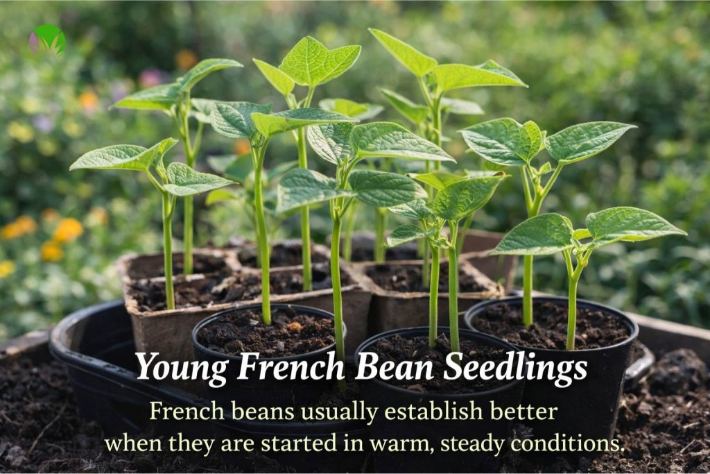 Young French bean seedlings growing in the UK