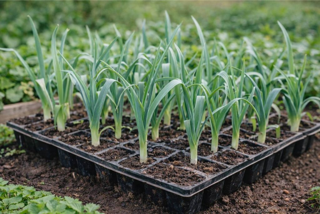 Young leek seedlings growing in trays in the UK