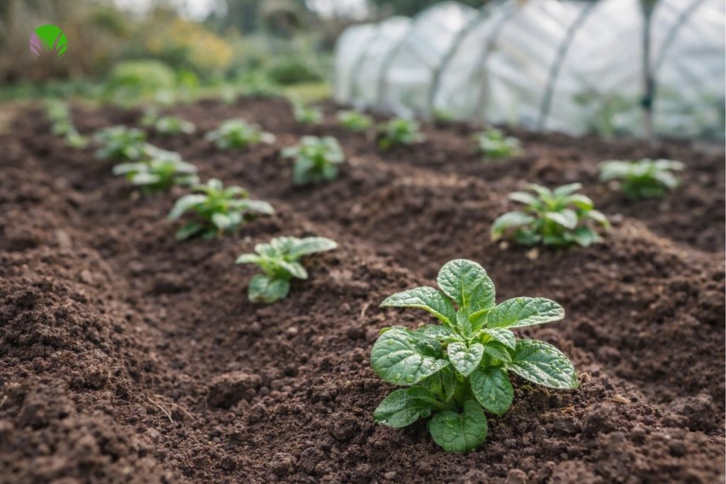Young potato shoots emerging in a UK garden