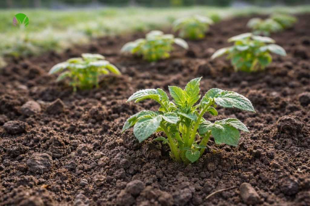 Young potato shoots emerging in a UK garden
