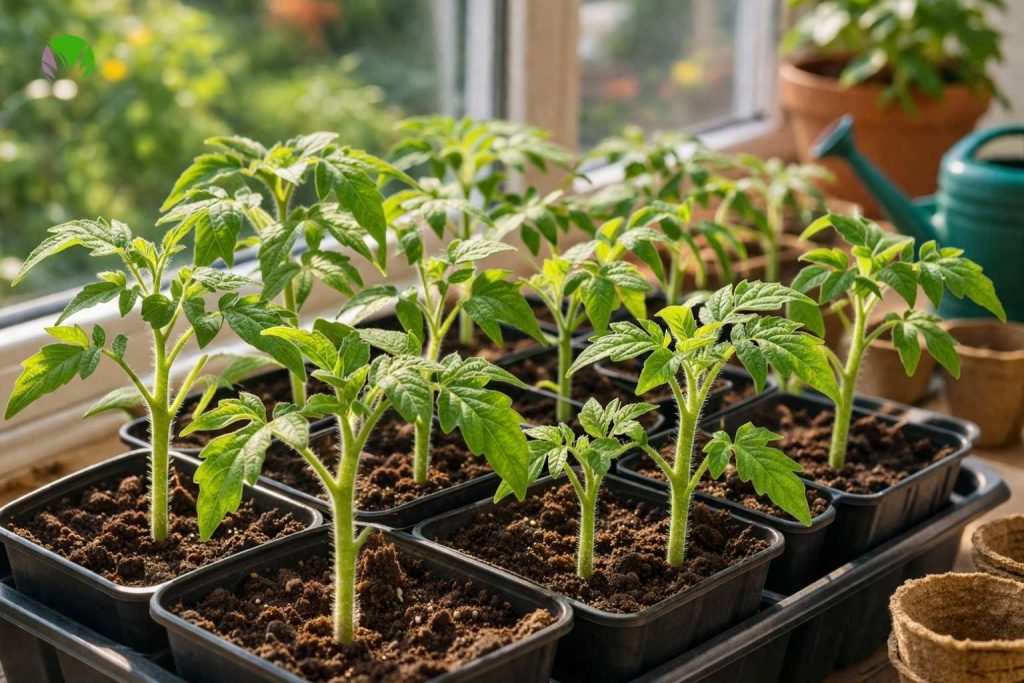 Young tomato seedlings growing indoors in the UK