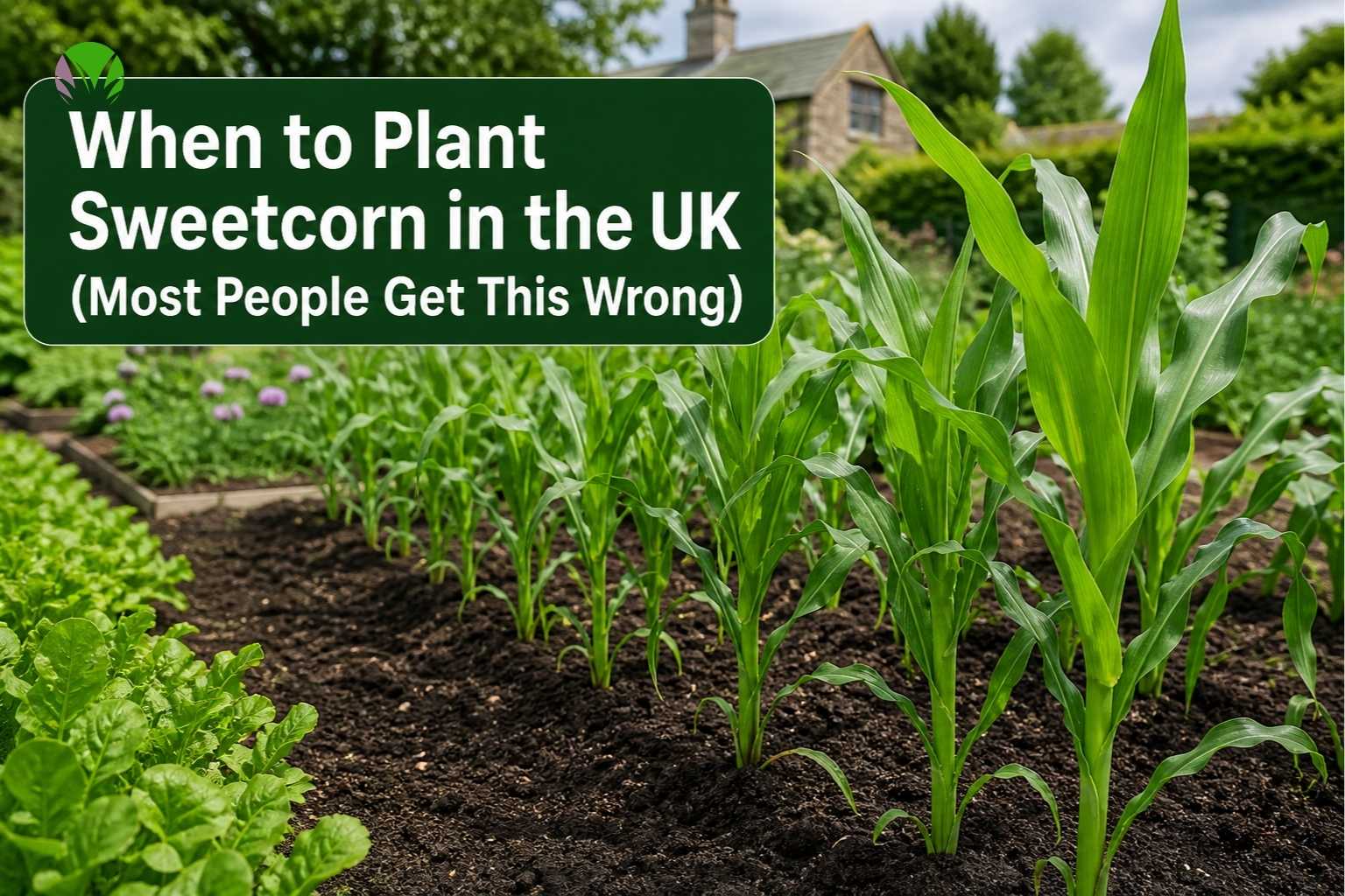 Sweetcorn plants growing in a UK vegetable garden in summer with chives and salad crops nearby