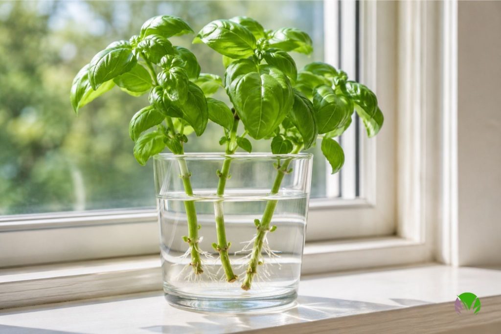 Basil cuttings rooting in a glass of water on a sunny windowsill in a UK kitchen