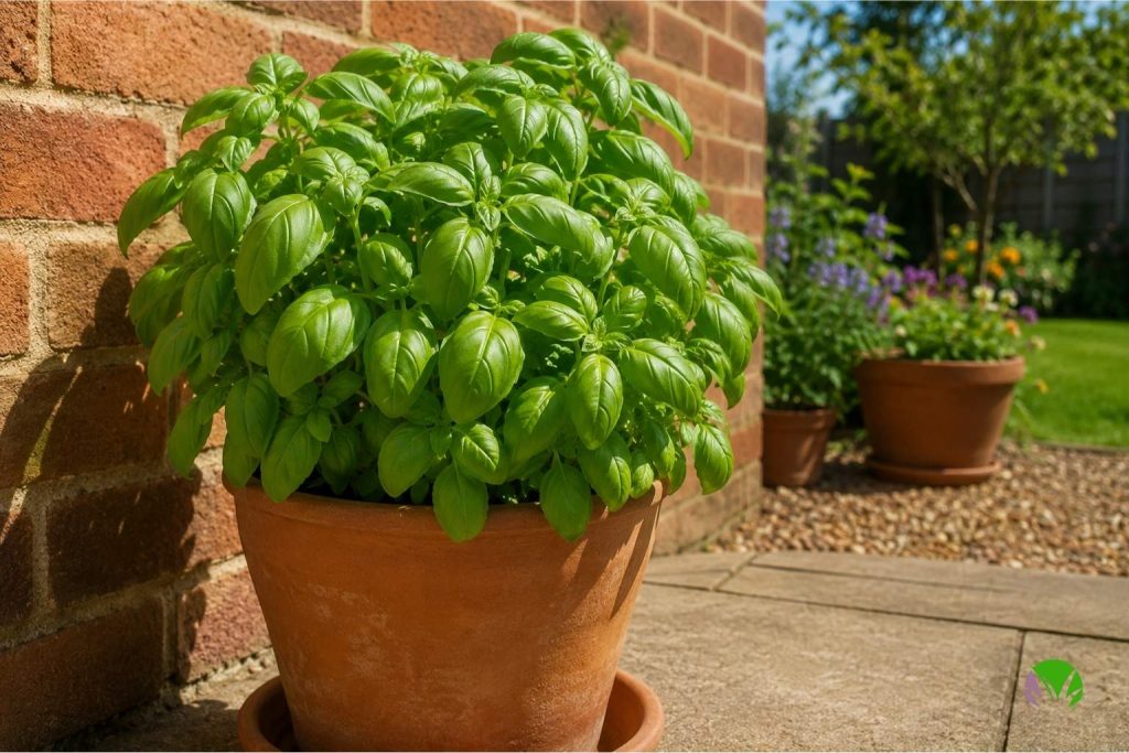Basil plant growing in a pot in a sheltered sunny spot outdoors in a UK garden
