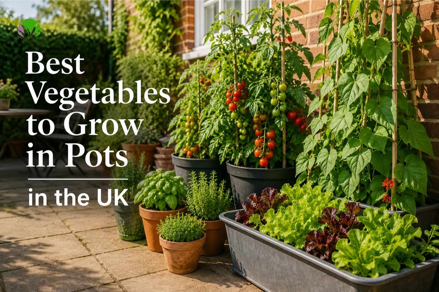 A productive UK patio with tomatoes, herbs and salad leaves growing in pots in summer