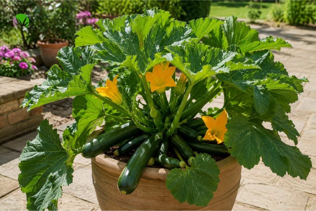 A healthy courgette plant in a large pot producing fresh courgettes on a UK patio
A healthy courgette plant in a large pot producing fresh courgettes on a UK patio