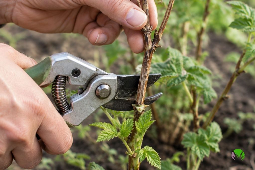 Using clean secateurs to cut back frost-damaged stems on a garden plant
