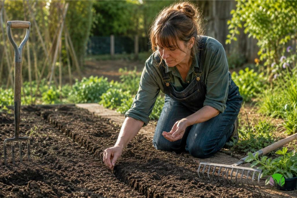  Gardener sowing seeds into a shallow drill in well-prepared garden soil in the UK