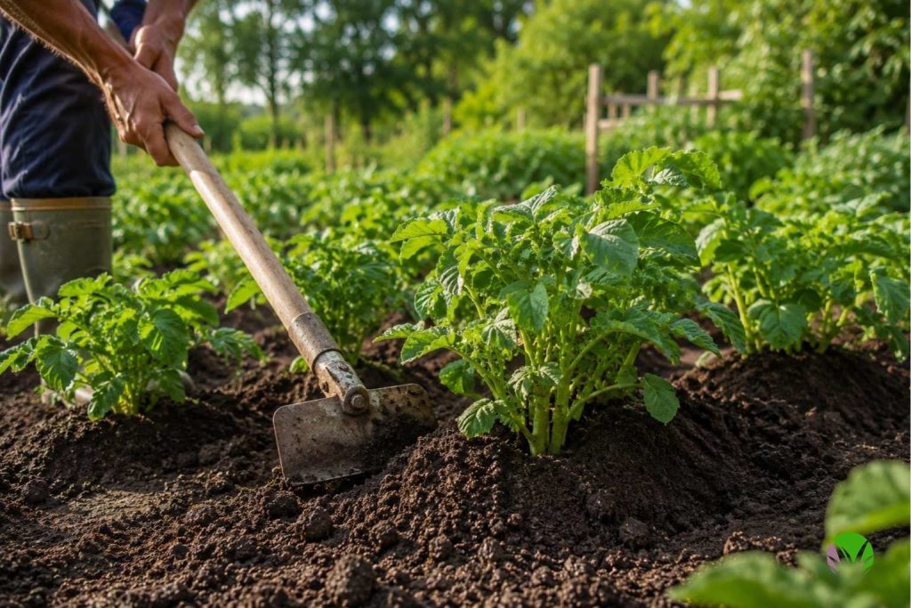 Earthing up potato plants in a UK vegetable garden in June