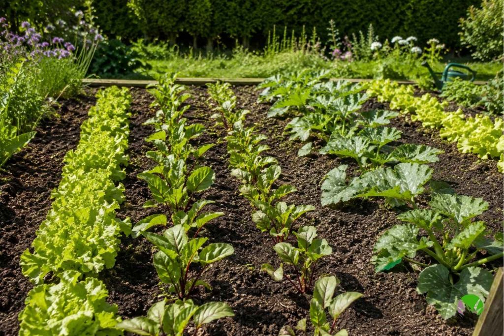 Strong young lettuce, beetroot and courgette seedlings growing in a UK garden