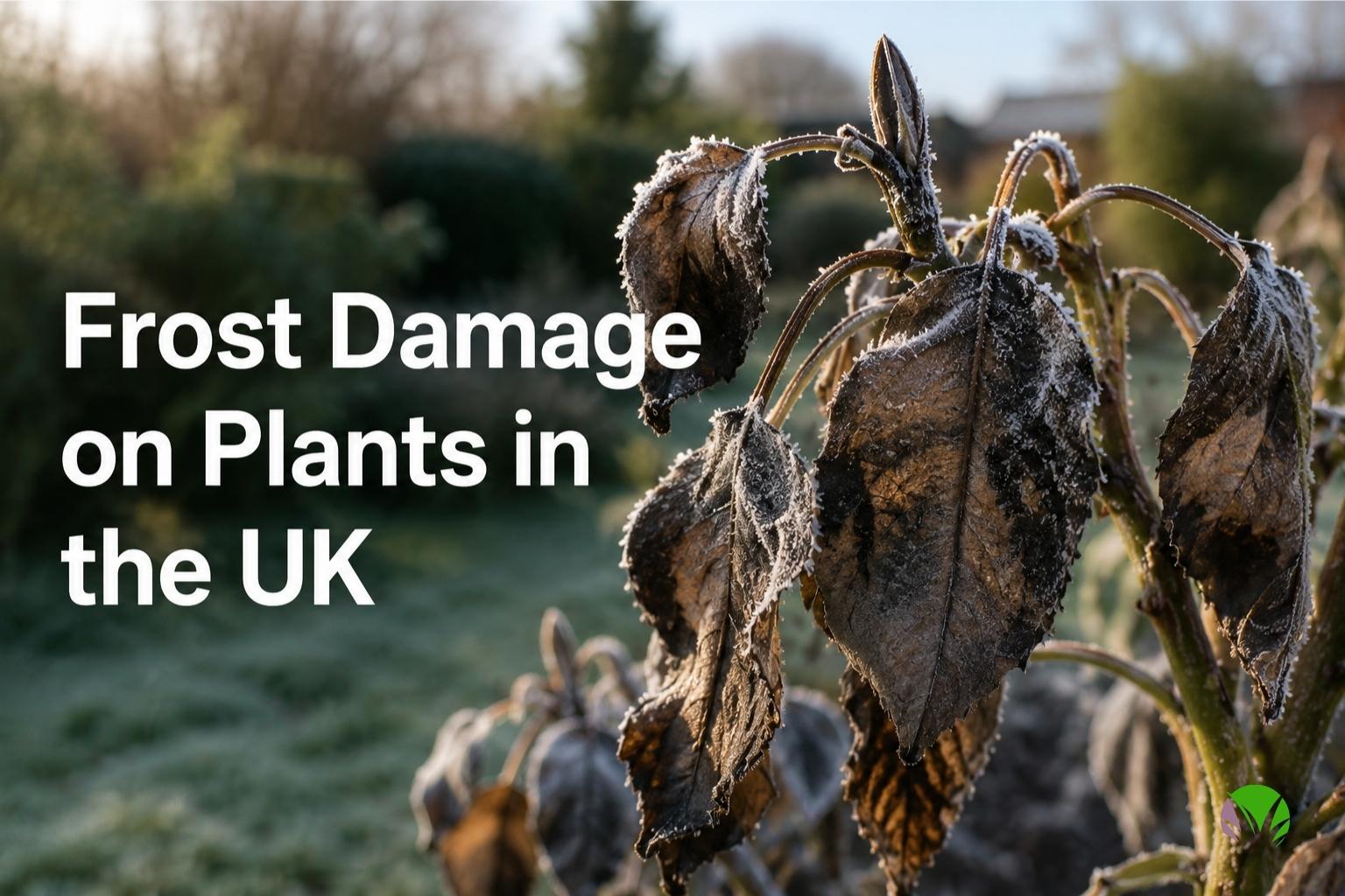 Frost-damaged tender plant leaves in a UK garden in May