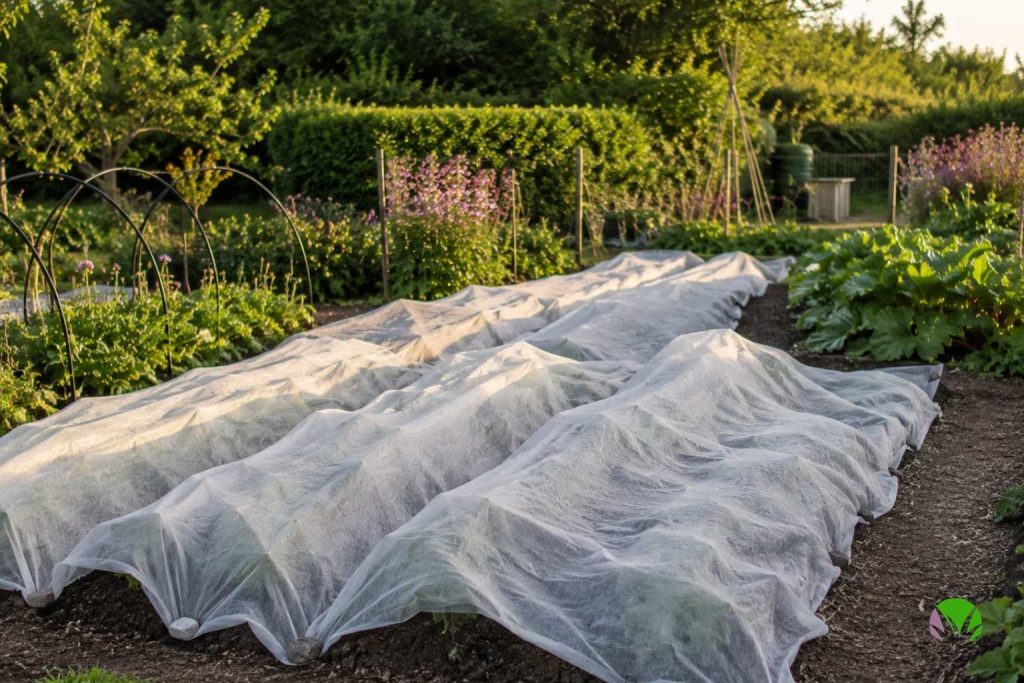 Horticultural fleece covering vegetable beds in a UK garden to protect from late frost