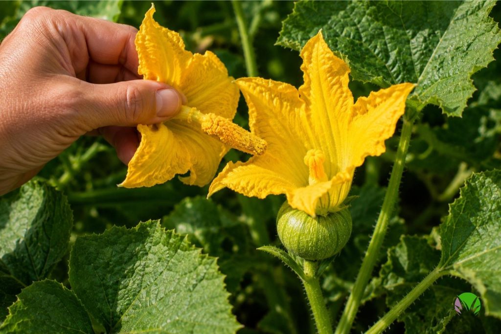 Hand-pollinating a female pumpkin flower with pollen from a male flower in a UK garden