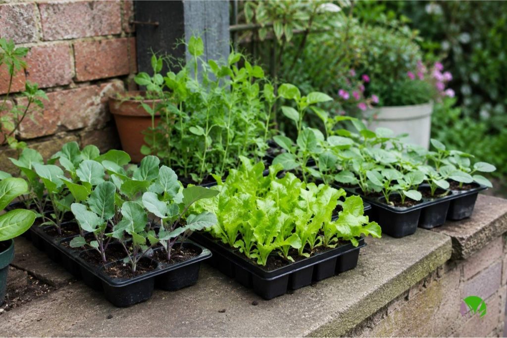 Young vegetable seedlings in module trays being hardened off outside in a UK garden