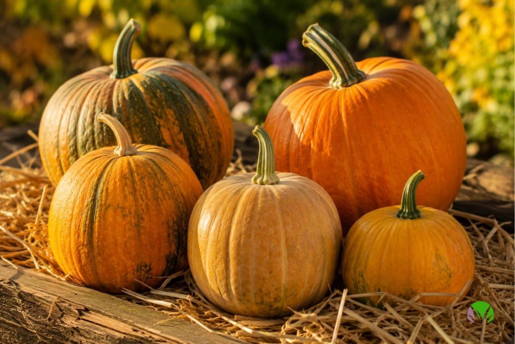 Freshly harvested pumpkins curing in the sun before storage in a UK garden