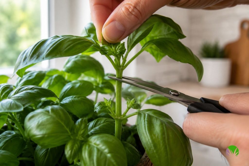 Harvesting basil by pinching off whole stem tips above a pair of leaves
Harvesting basil by pinching off whole stem tips above a pair of leaves