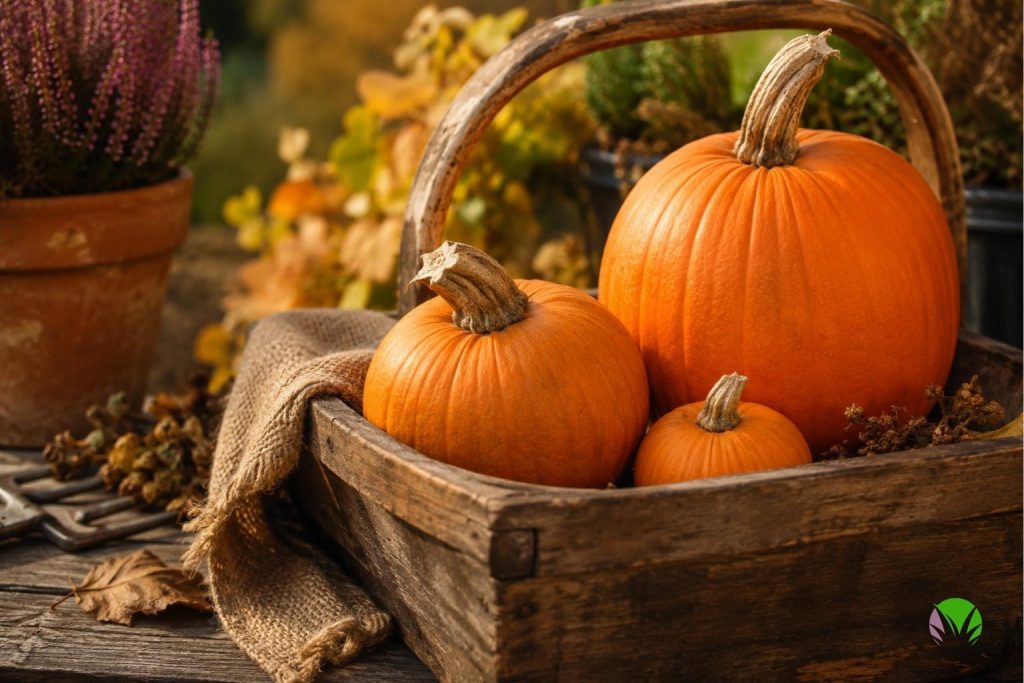 harvested pumpkins in a UK garden in autumn