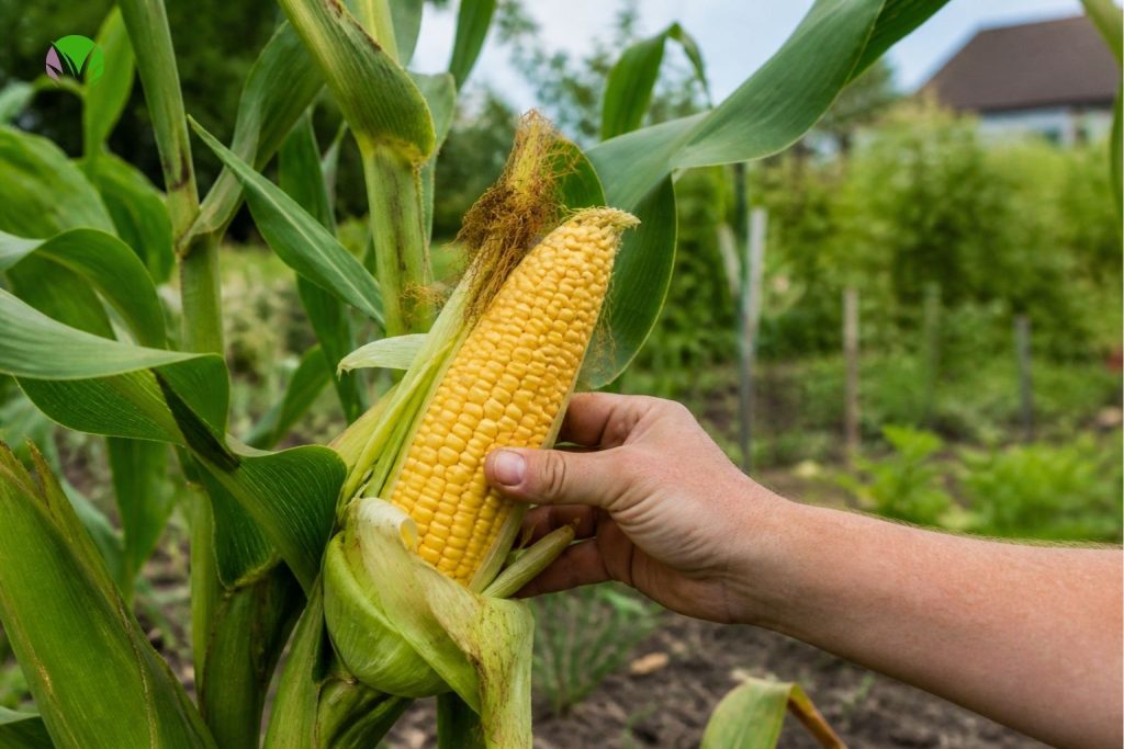 Hand peeling back the husk on a ripe sweetcorn cob in a UK vegetable garden showing full yellow kernels