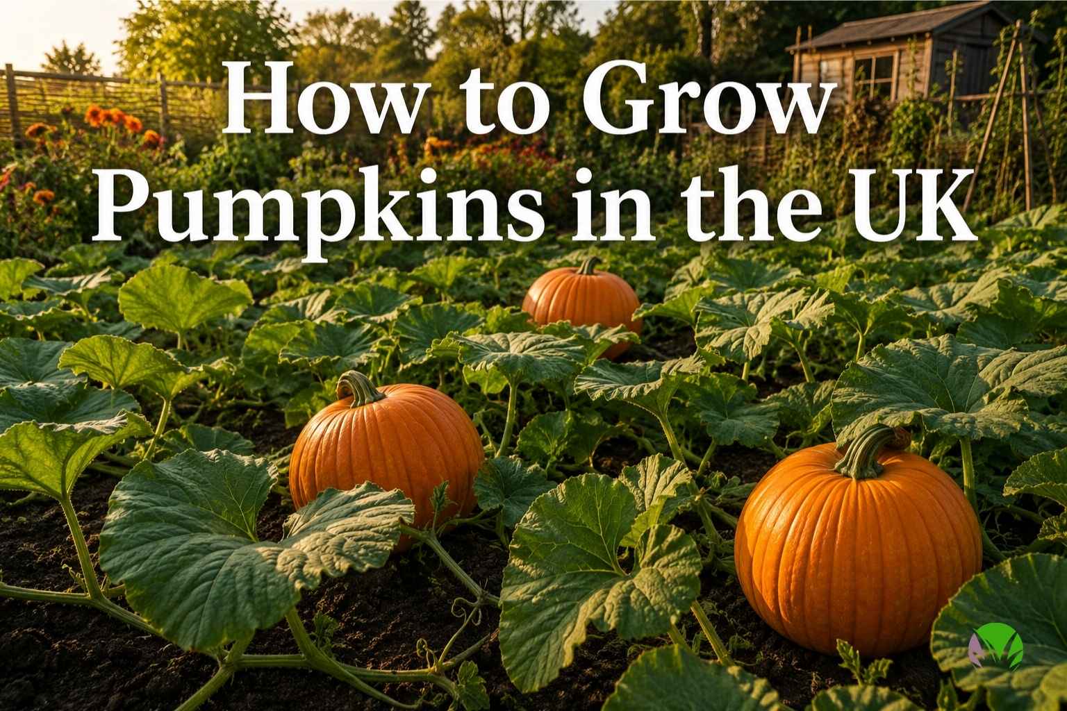 Large orange pumpkins growing on healthy vines in a UK garden in autumn
