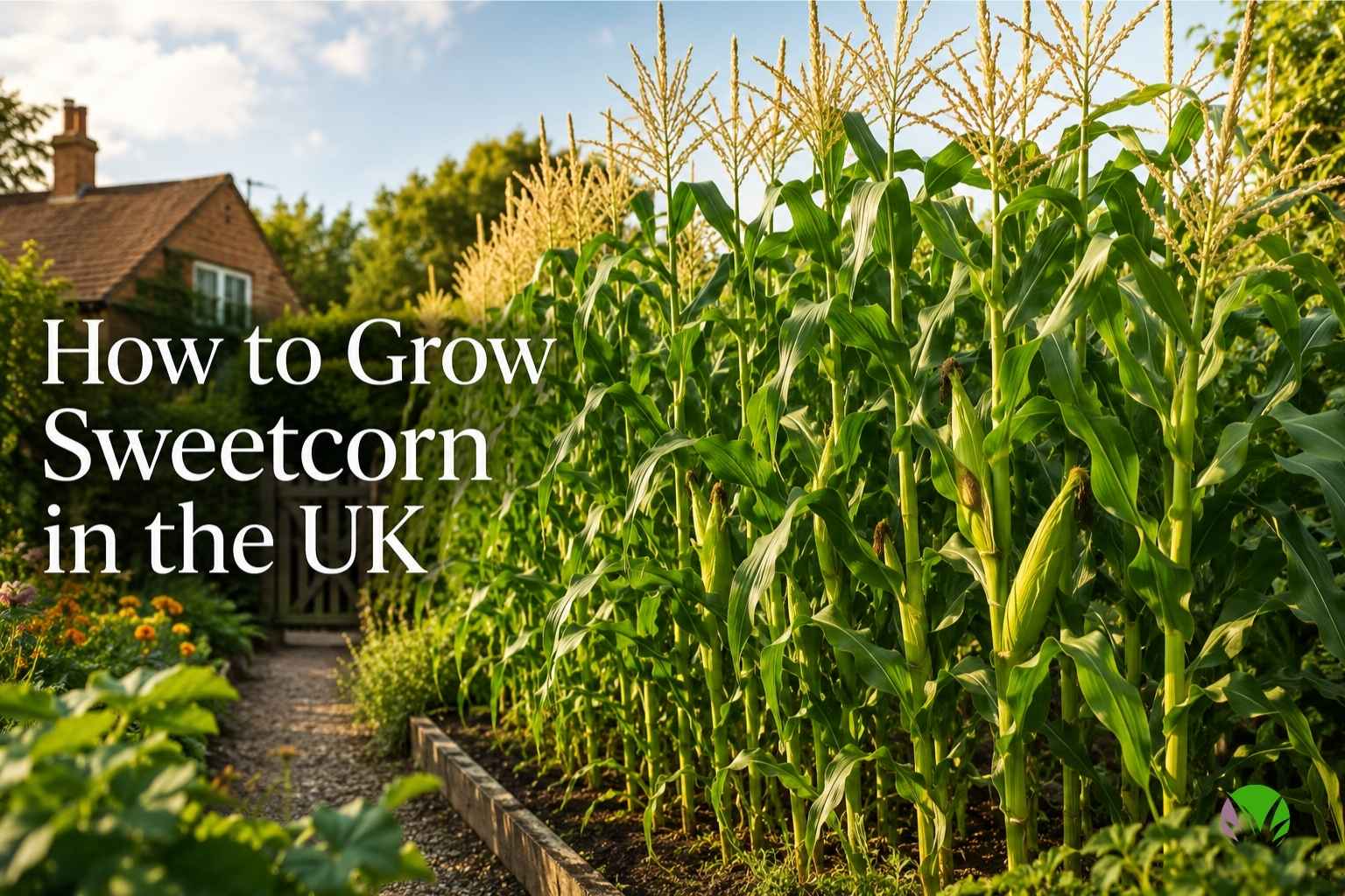 Healthy sweetcorn plants growing in a block in a UK vegetable garden
