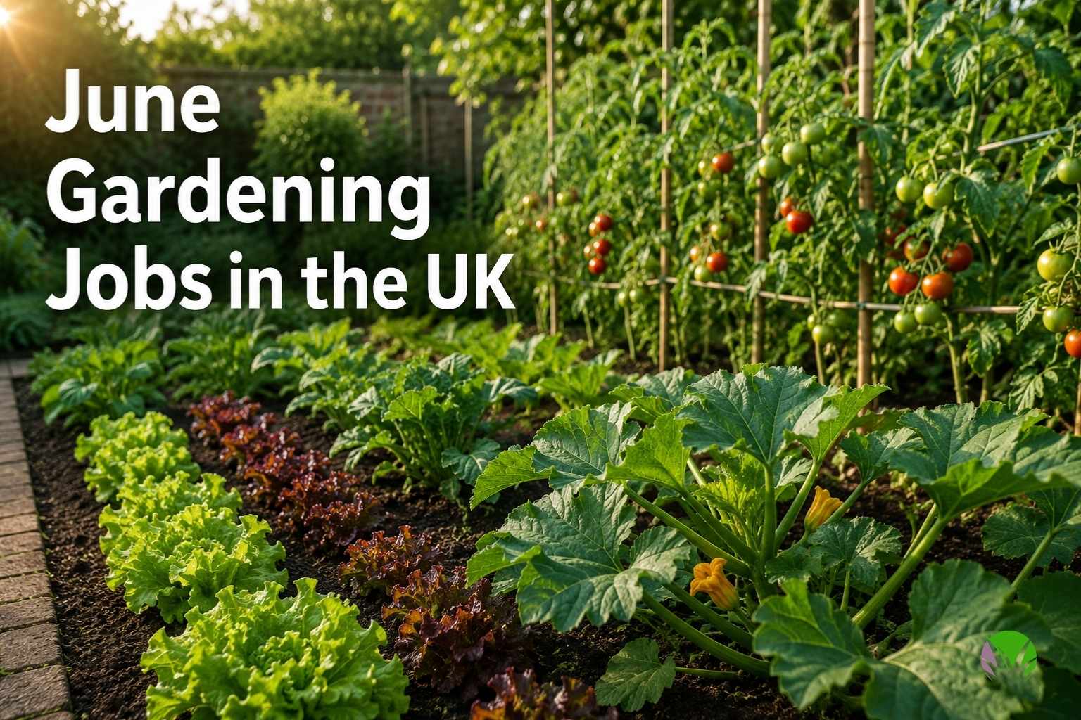 A productive UK vegetable garden in early summer with healthy crops growing in beds