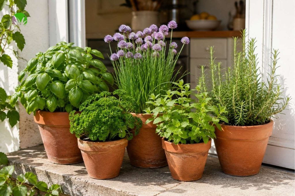 A collection of small herb pots including basil, parsley, chives and mint near a UK kitchen door