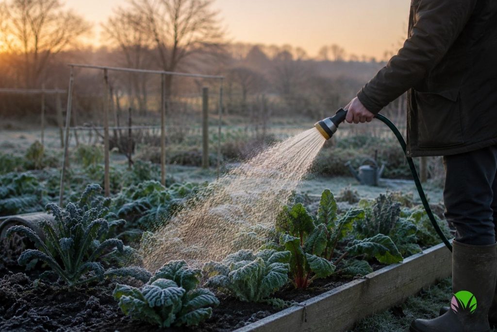 A gardener gently misting frost-damaged plants with cold water early in the morning