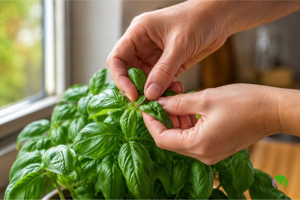 Picking fresh basil leaves from a plant growing on a kitchen windowsill