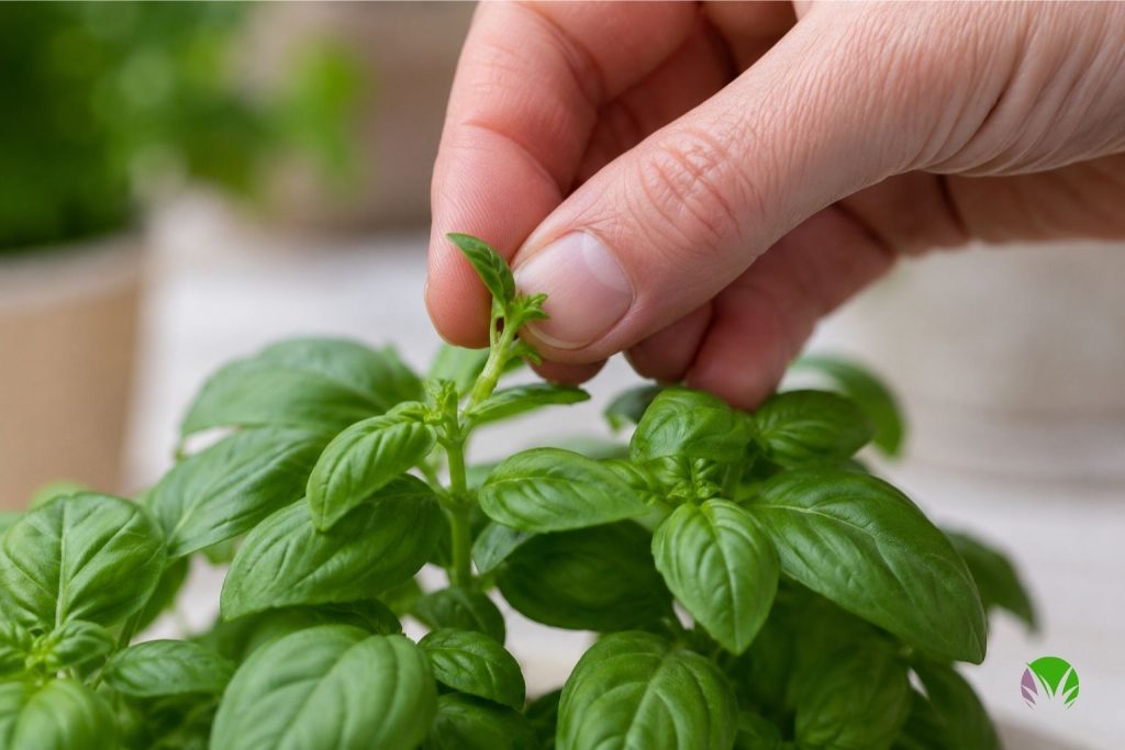 Pinching out the top of a basil plant to encourage bushy growth
