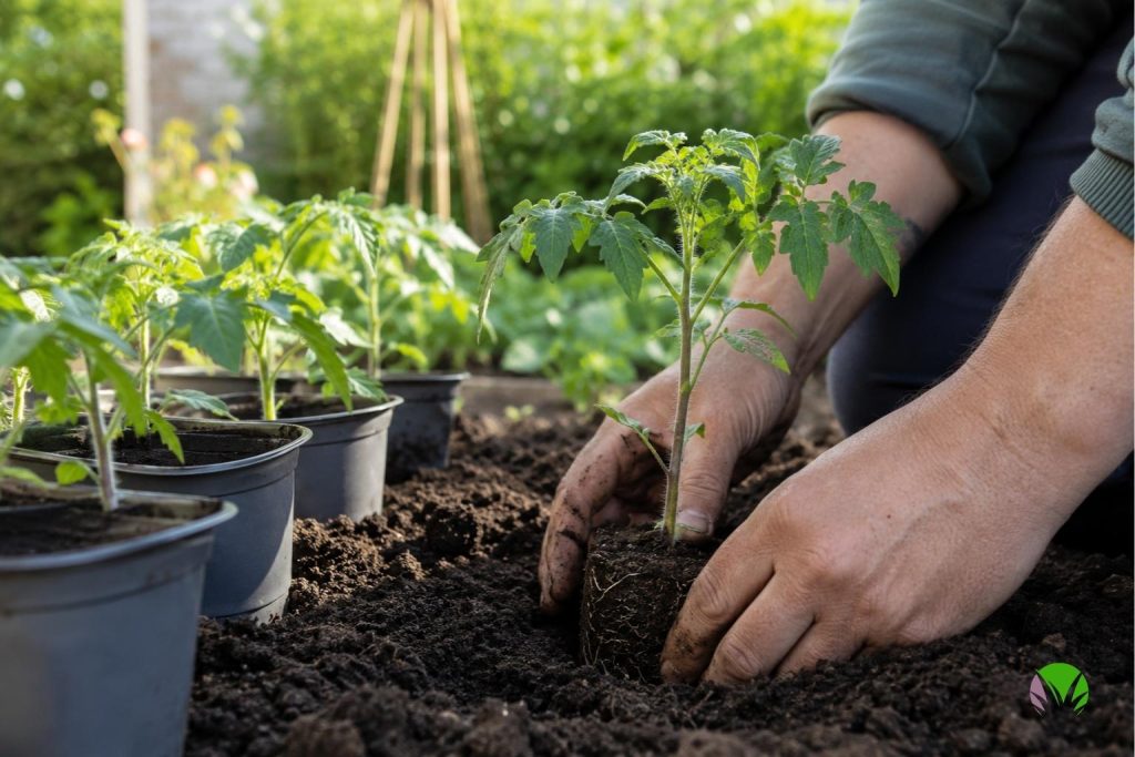 A gardener planting young tomato seedlings outside in a UK garden in June