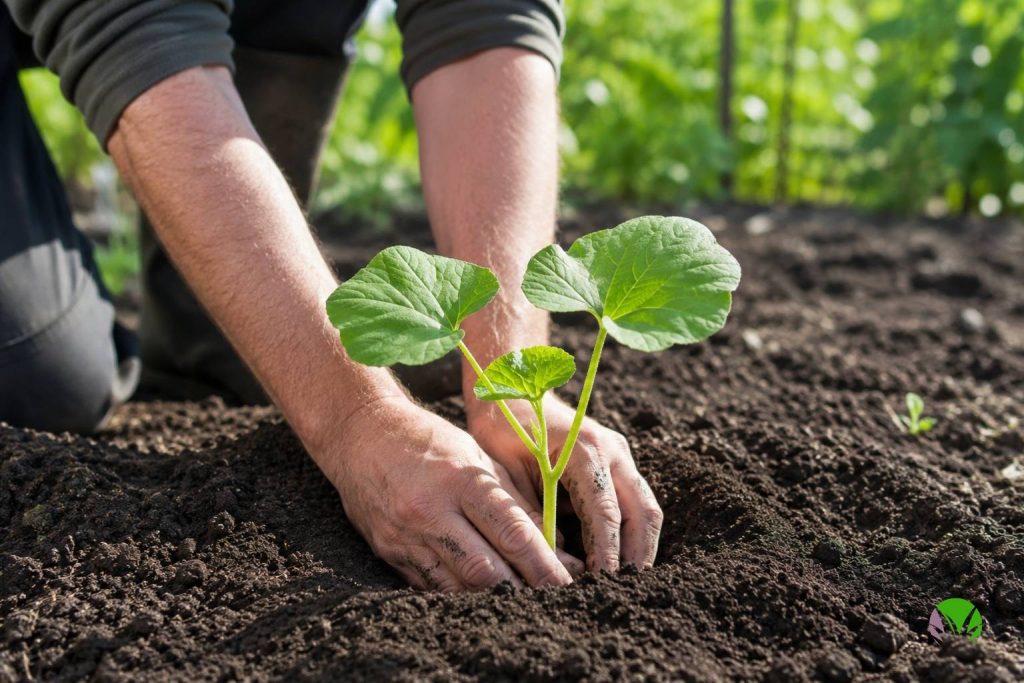 Planting a young pumpkin plant outside in a UK vegetable garden