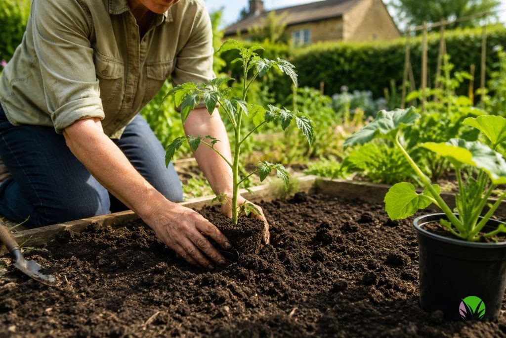 Planting tomato and courgette plants outside in a UK garden in June