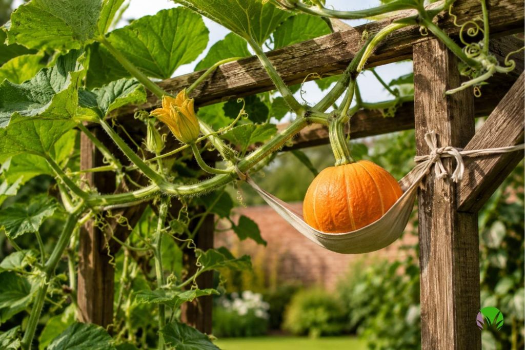 A pumpkin plant trained up a wooden trellis with developing fruit supported in a fabric sling