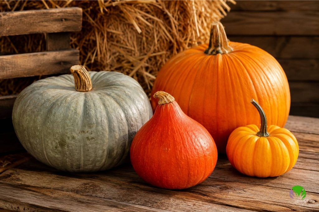 A selection of different pumpkin varieties harvested from a UK garden