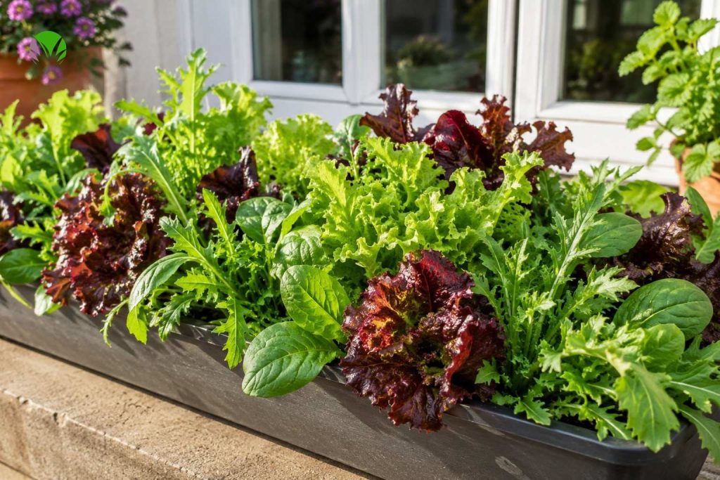  A long window box trough filled with mixed cut-and-come-again salad leaves in a UK garden
