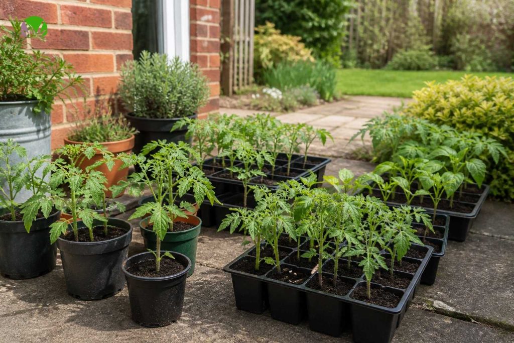 Trays and pots of tomato seedlings hardening off on a patio next to a brick wall in a UK garden