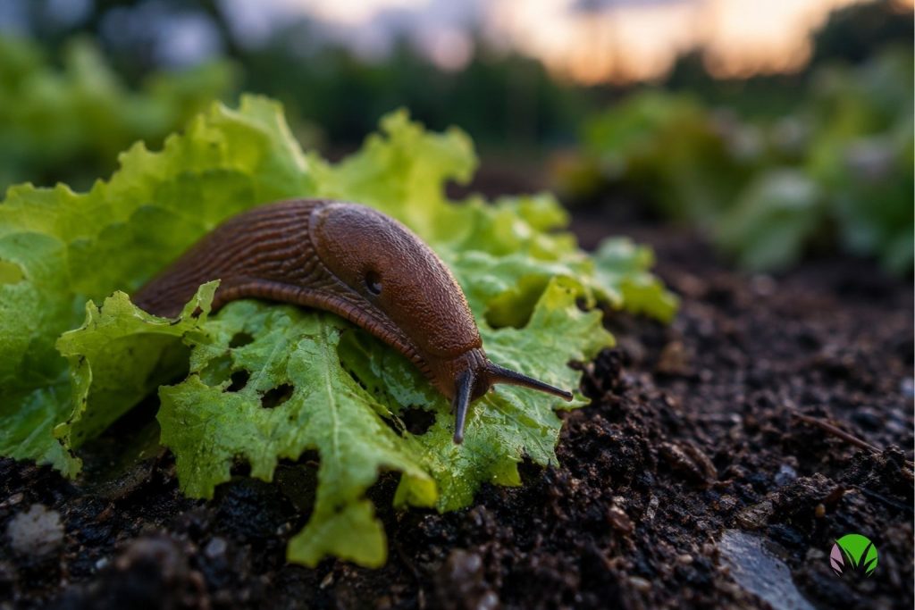 A slug eating a young lettuce plant in a UK vegetable garden in June