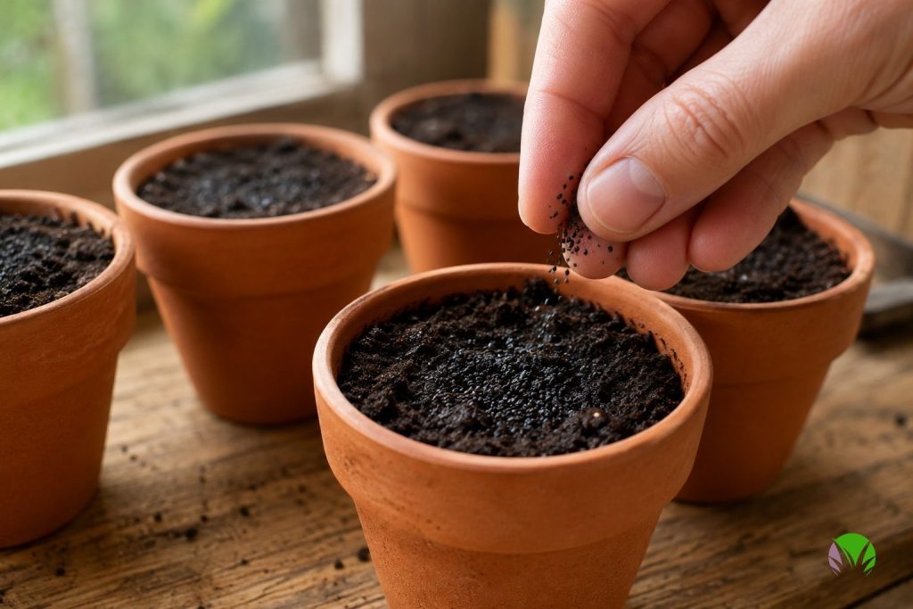 Sowing tiny basil seeds onto the surface of compost in a small pot indoors