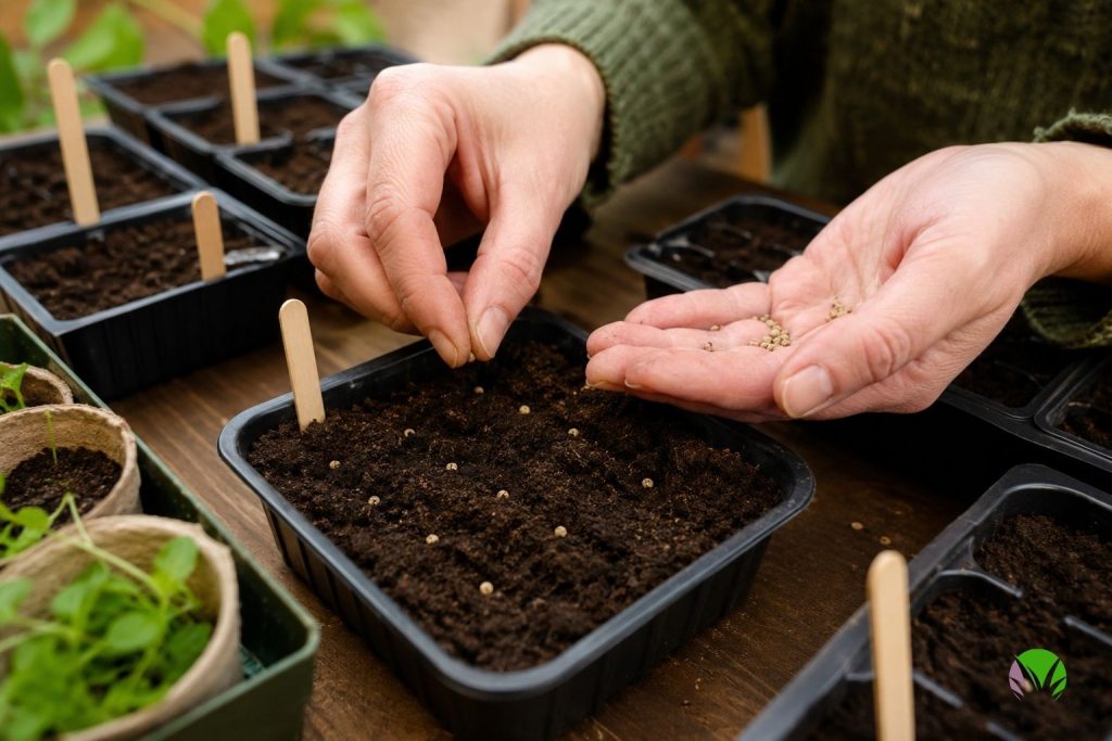 Hands pressing small seeds into compost-filled seed trays for indoor sowing