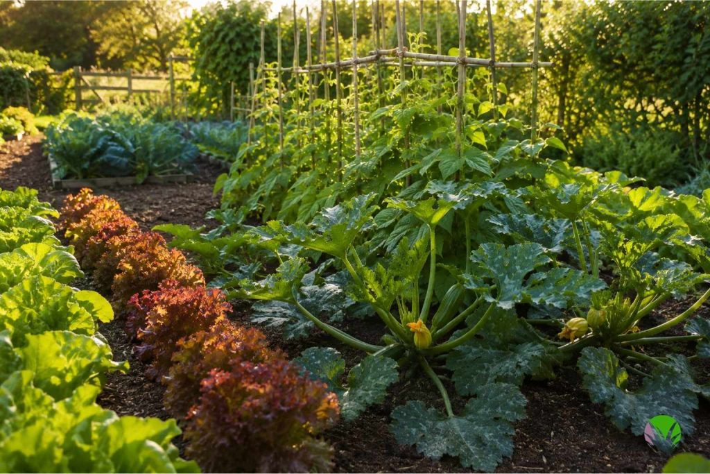 A productive UK vegetable garden in early summer with crops growing strongly