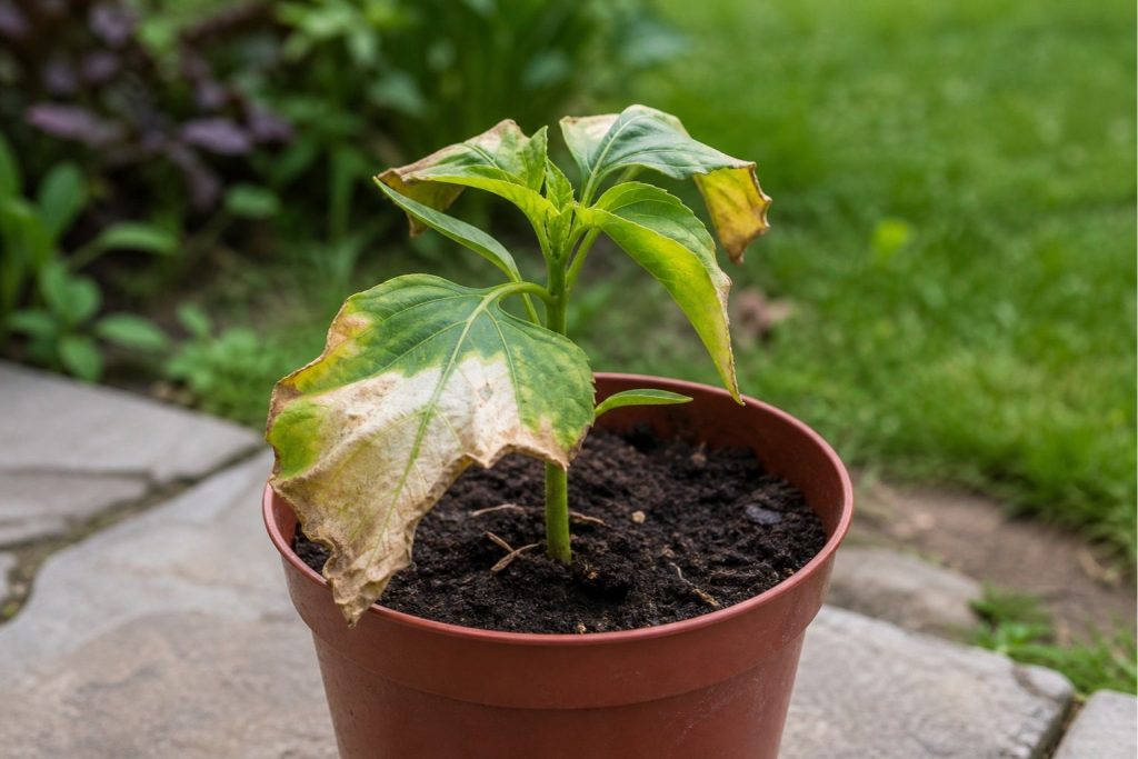 A young plant with sun scorched leaves showing white and brown patches caused by being put outside too quickly without hardening off