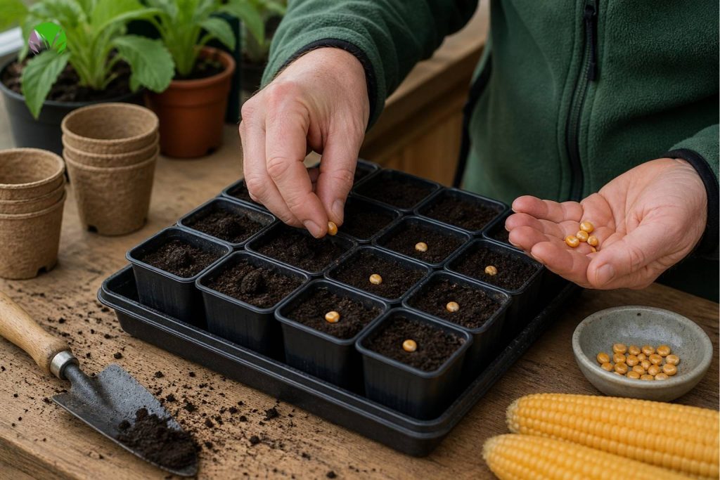 Person sowing sweetcorn seeds individually into modules indoors in the UK in spring