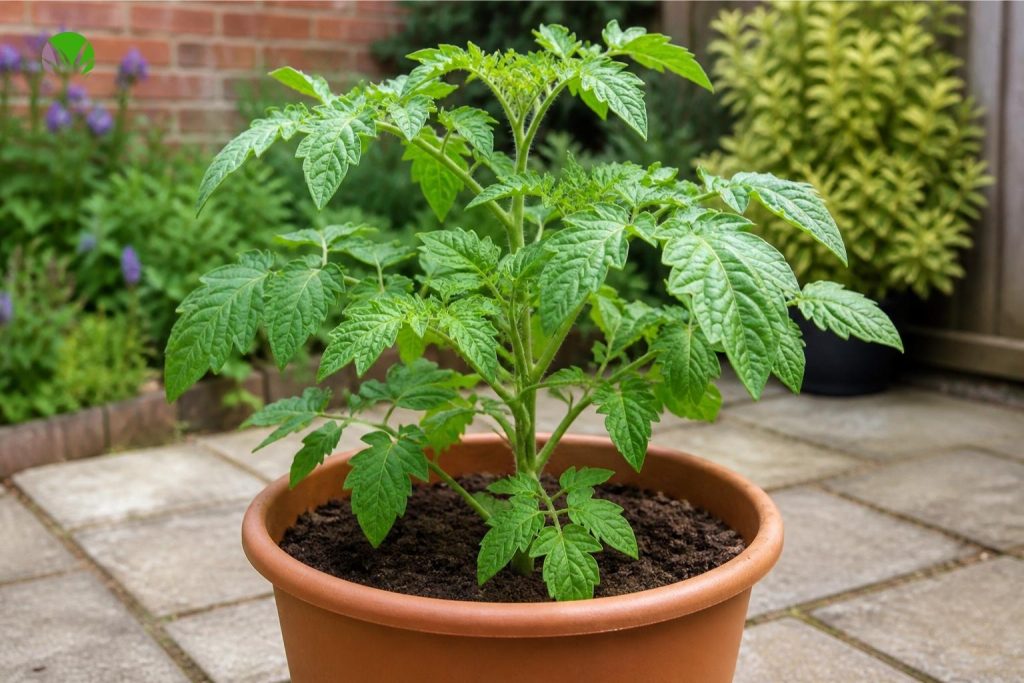 A healthy young tomato plant in a terracotta pot on a paved patio in a UK garden after hardening off