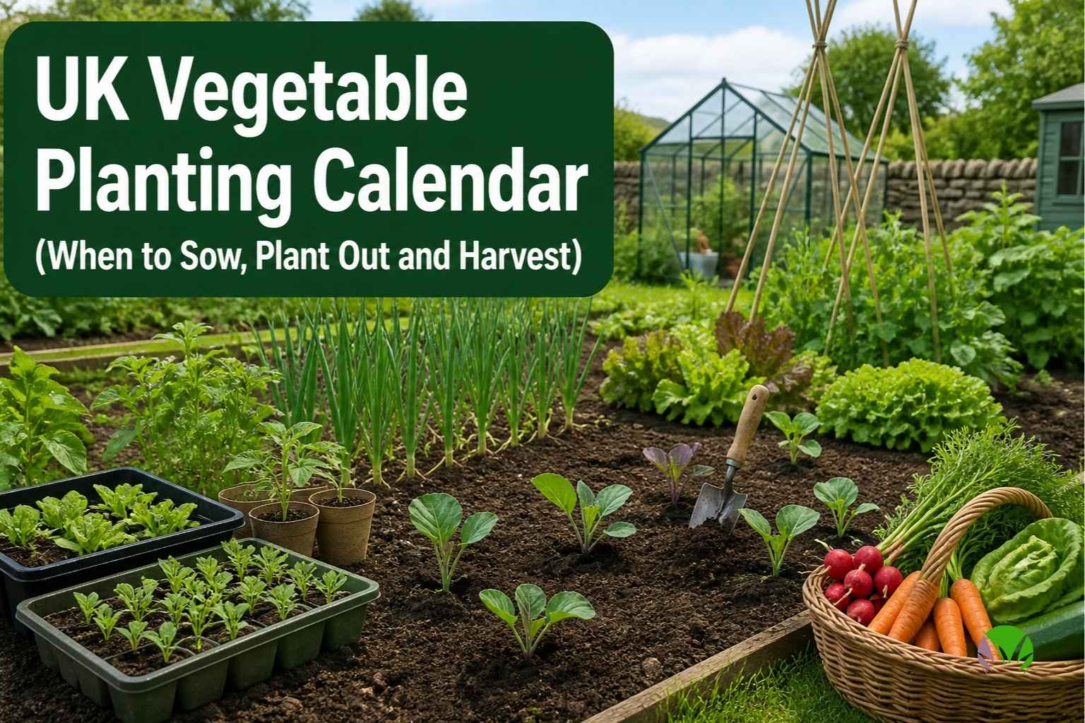 UK vegetable garden showing seedling trays, young plants growing in beds, and a basket of harvested carrots, radishes and lettuce
