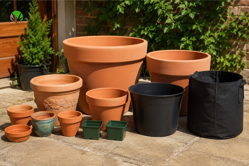 A range of pot sizes showing different containers suited to different vegetables in a UK garden