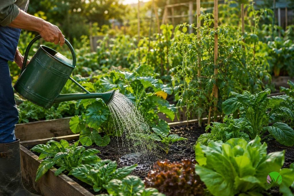 Watering a vegetable garden bed thoroughly with a watering can in early summer in the UK