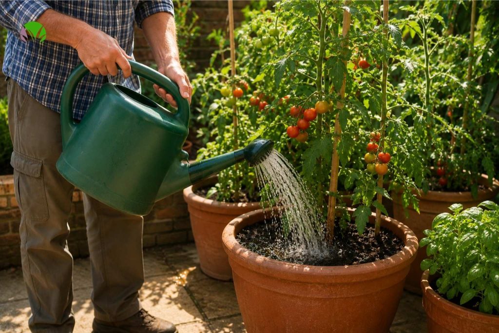 Watering vegetable pots in a UK garden with water reaching the drainage holes