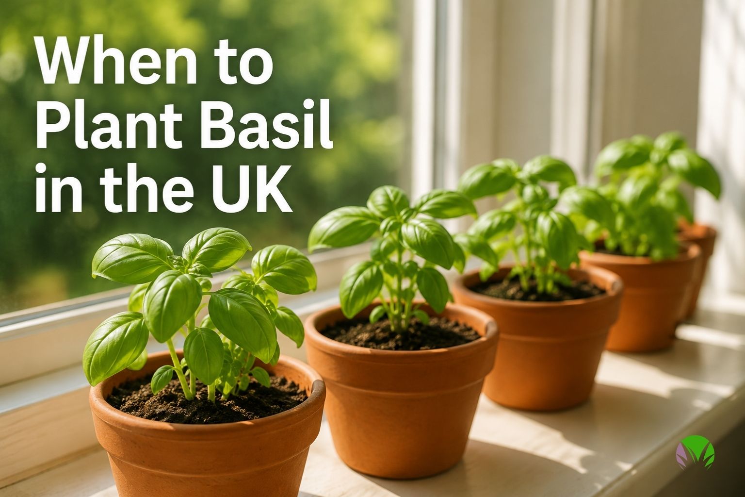 Basil seedlings growing in pots on a warm sunny windowsill in the UK