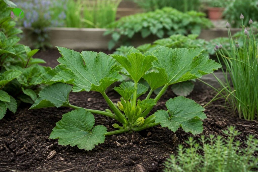 A young courgette plant with broad green leaves and flower buds growing in a UK vegetable garden in May