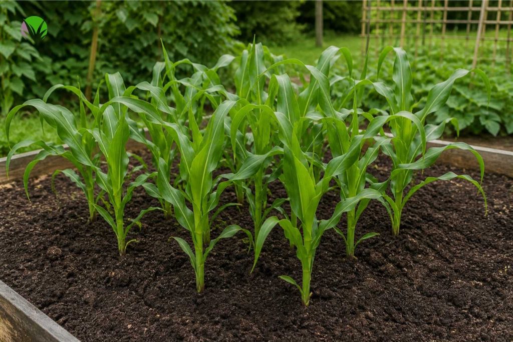 Young sweetcorn plants planted in a block pattern in a raised bed in a UK garden for proper pollination